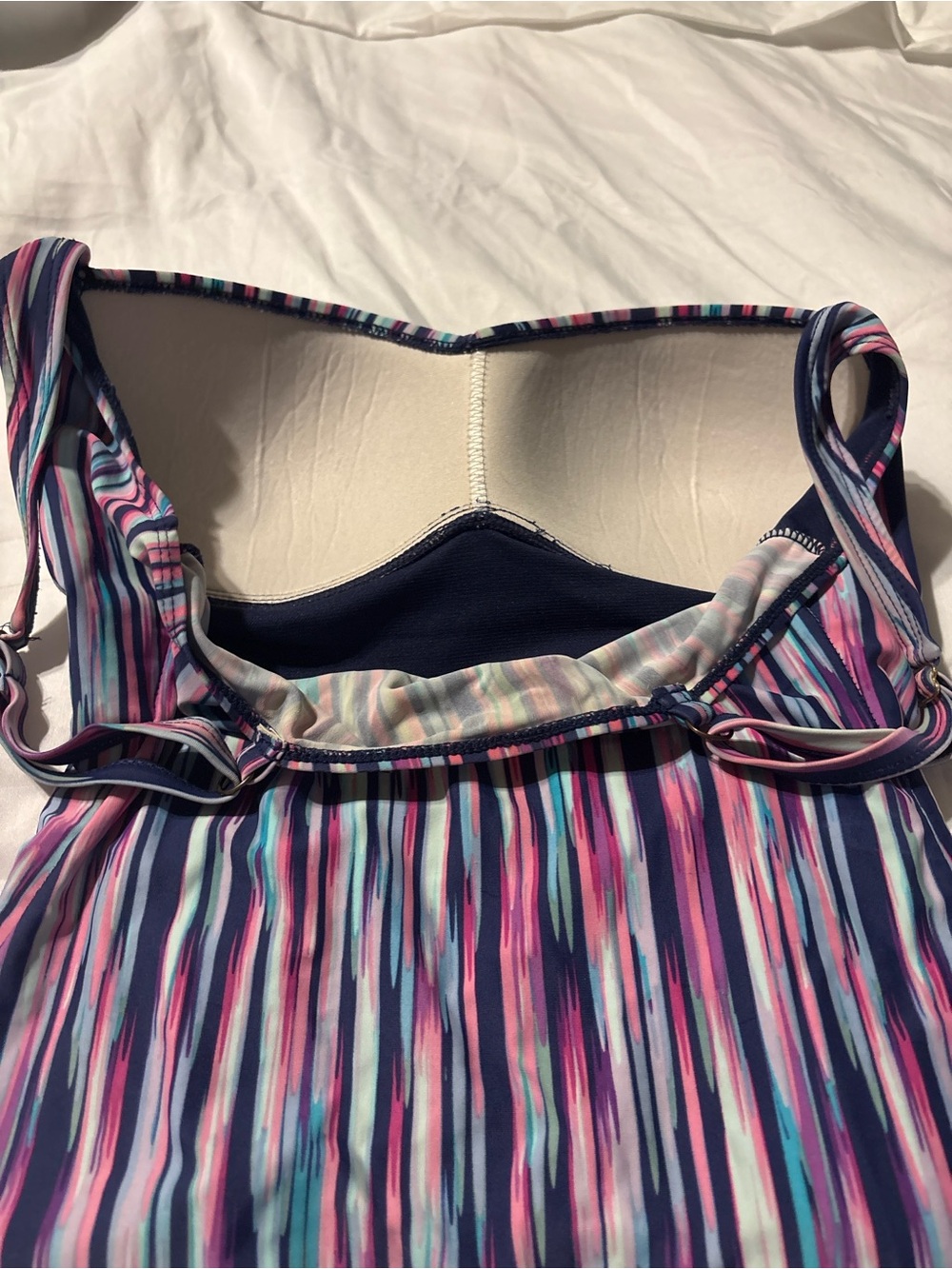 On the Beach Size 10 One Piece Swimsuit Ruched Tummy Control Pink Blue Stripe - Picture 3 of 4